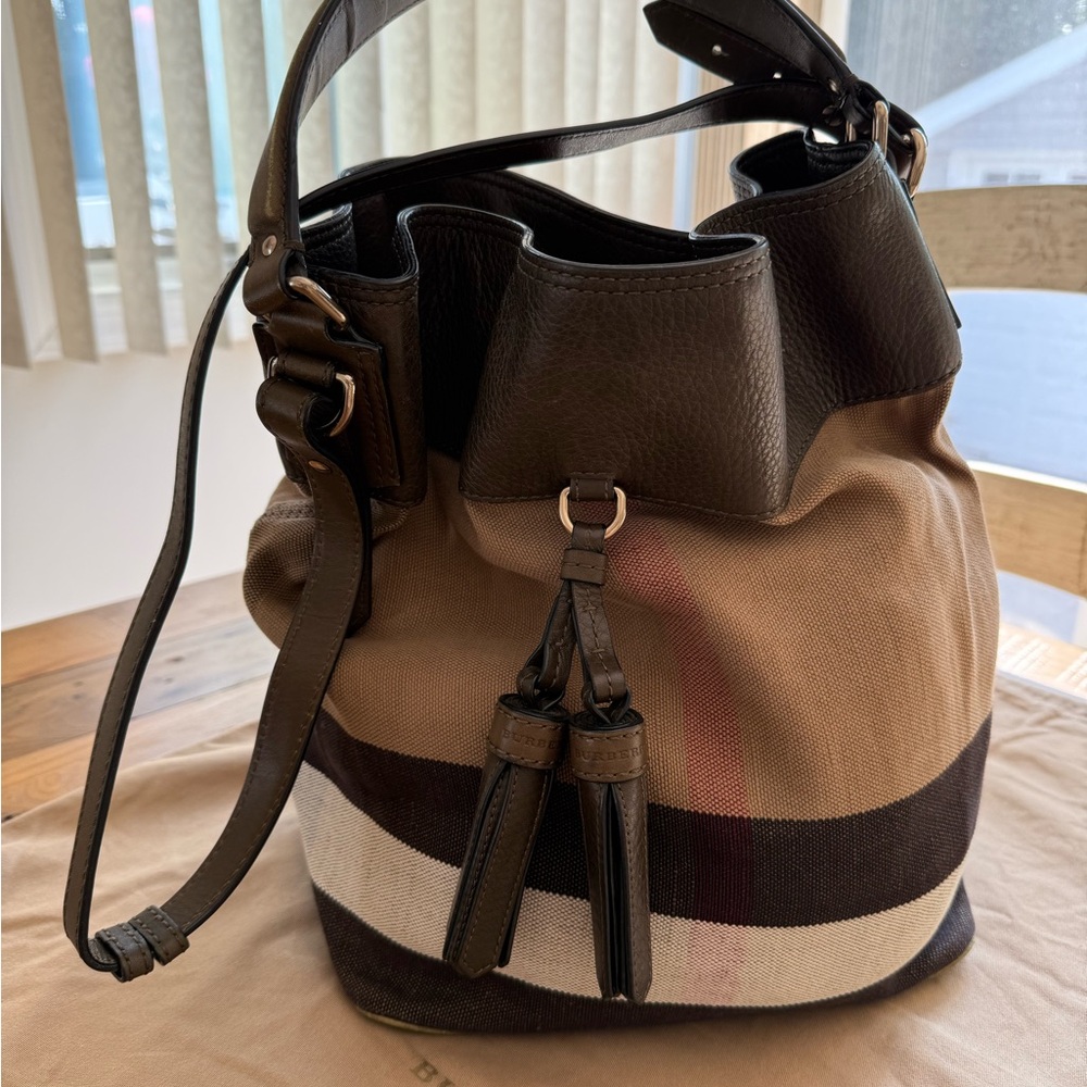 Burberry Ashby Medium Canvas Check Tassel Hobo Bag